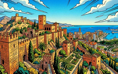 Pop-Art-Comicillustration des Wahrzeichens Alcazaba Malaga in Malaga Spanien, kraeftige Konturen Rasterpunkte und satte Farben - Foto: THN