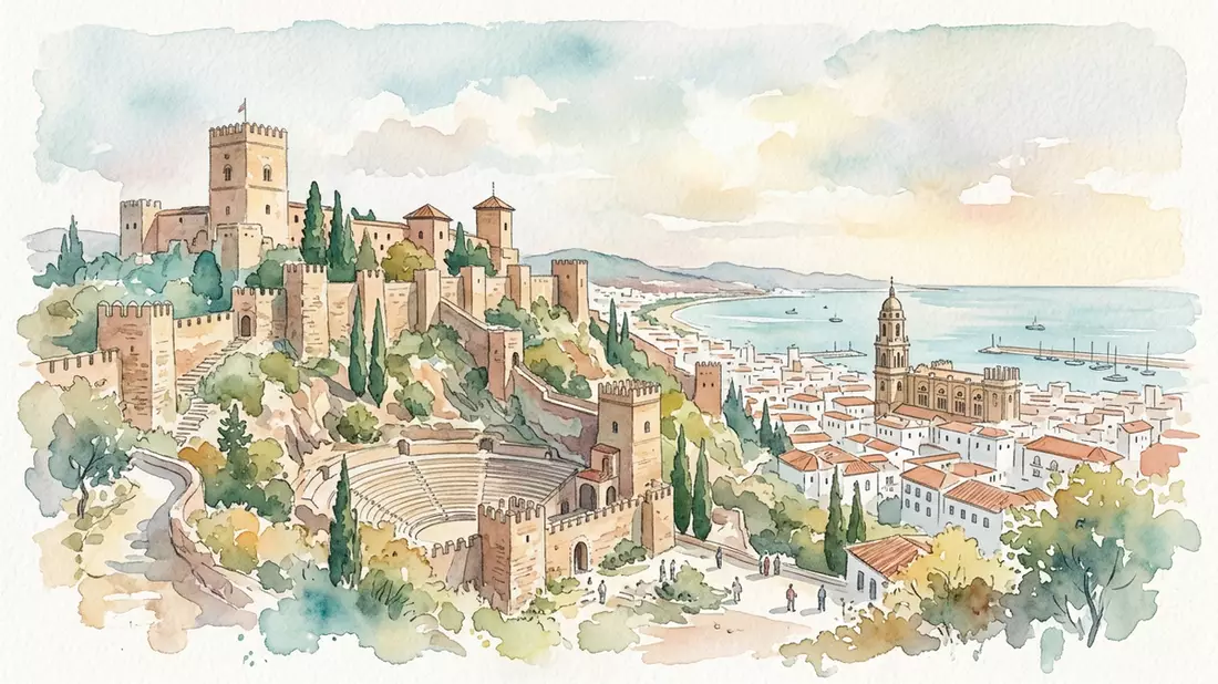 Aquarell-Illustration von Alcazaba Malaga in Malaga, Spanien als Reiseposter