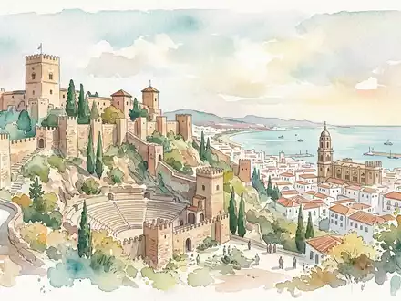 Aquarellillustration des Wahrzeichens Alcazaba Malaga in Malaga Spanien, weiche Farbverläufe und pastelliges Reiseposter-Feeling - Foto: THN