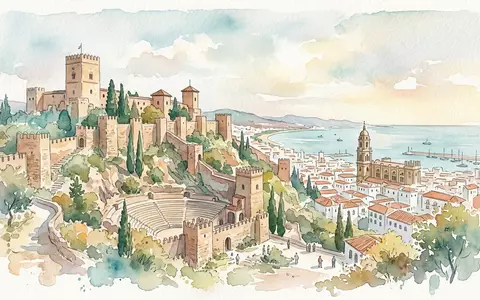 Aquarellillustration des Wahrzeichens Alcazaba Malaga in Malaga Spanien, weiche Farbverläufe und pastelliges Reiseposter-Feeling - Foto: THN