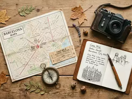 Flatlay-Reise-Arrangement rund um Casa Mila Barcelona in Barcelona Spanien, Karte Kompass Kamera und generische Reiserequisiten - Foto: THN