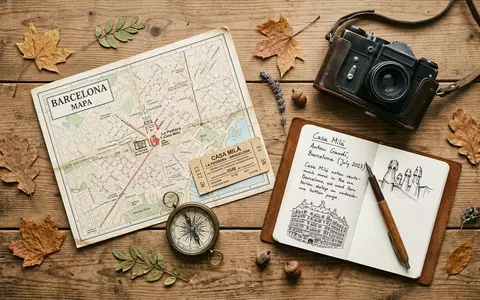 Flatlay-Reise-Arrangement rund um Casa Mila Barcelona in Barcelona Spanien, Karte Kompass Kamera und generische Reiserequisiten - Foto: THN