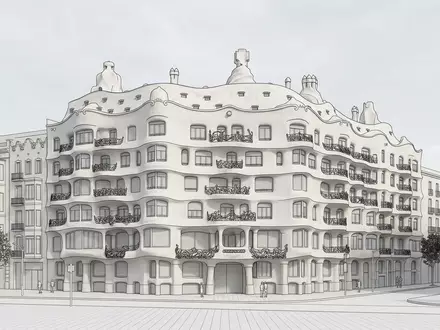 Moderner Architektur-Render zeigt Silhouette von Casa Mila Barcelona in Barcelona Spanien, klare Linien und neutrales - Foto: THN
