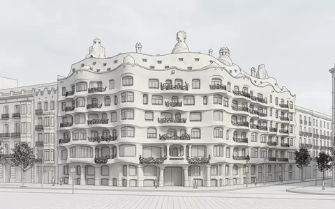 Moderner Architektur-Render zeigt Silhouette von Casa Mila Barcelona in Barcelona Spanien, klare Linien und neutrales - Foto: THN
