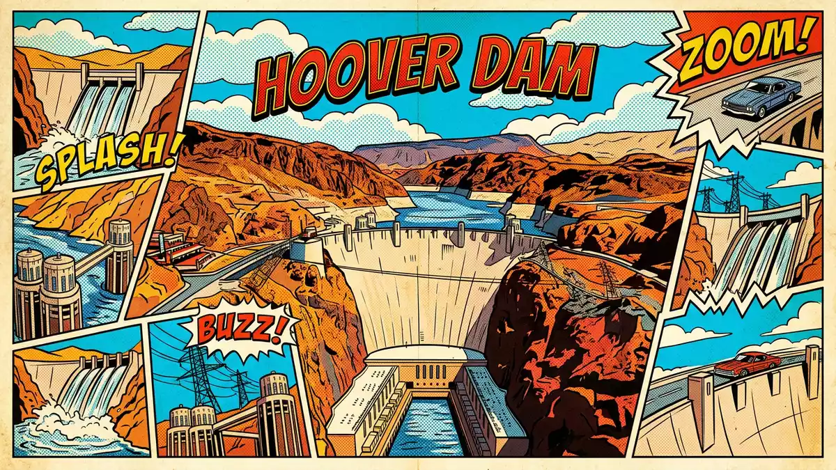 Pop-Art-Comic von Hoover Dam in Boulder City, USA mit Rasterpunkten