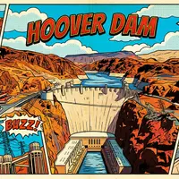 Pop-Art-Comicillustration des Wahrzeichens Hoover Dam in Boulder City USA, kraeftige Konturen Rasterpunkte und satte Farben - Foto: THN