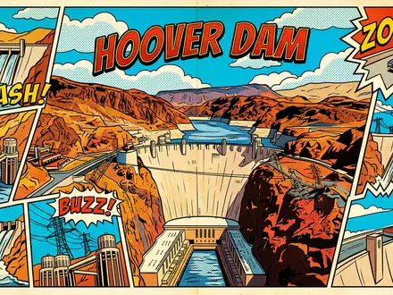 Pop-Art-Comicillustration des Wahrzeichens Hoover Dam in Boulder City USA, kraeftige Konturen Rasterpunkte und satte Farben - Foto: THN