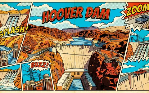 Pop-Art-Comicillustration des Wahrzeichens Hoover Dam in Boulder City USA, kraeftige Konturen Rasterpunkte und satte Farben - Foto: THN