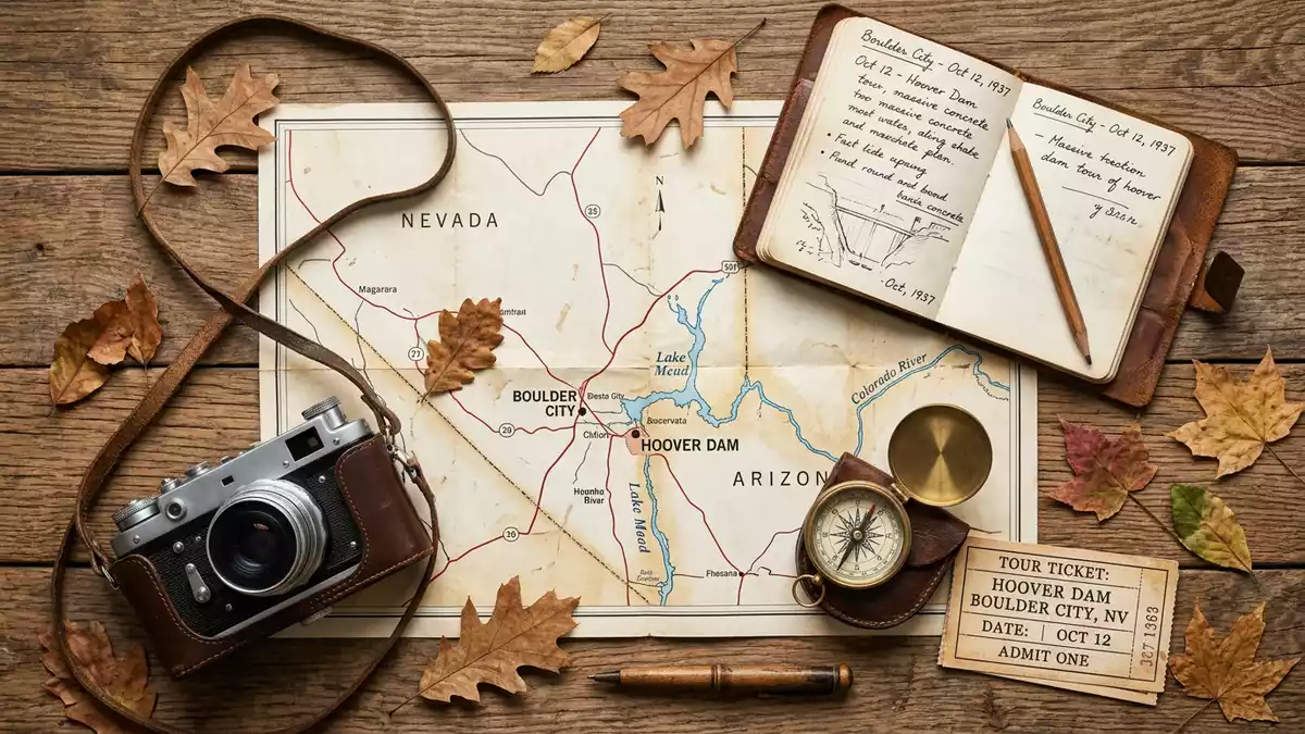 Flatlay-Reise-Arrangement rund um Hoover Dam in Boulder City, USA