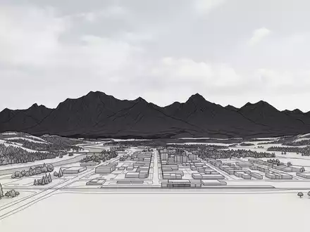 Moderner Architektur-Render zeigt Silhouette von Jasper-Nationalpark in Jasper Kanada, klare Linien und neutrales Tageslicht - Foto: THN