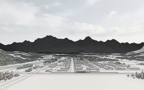 Moderner Architektur-Render zeigt Silhouette von Jasper-Nationalpark in Jasper Kanada, klare Linien und neutrales Tageslicht - Foto: THN