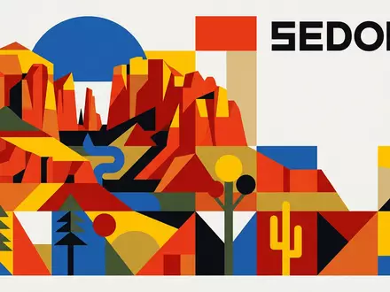 Bauhaus-Poster als geometrische Abstraktion von Sedona Red Rocks in Sedona USA, kraeftige Grundfarben und harte - Foto: THN