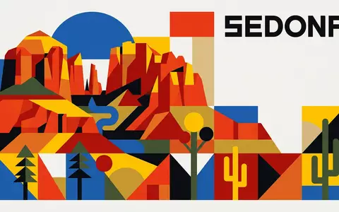 Bauhaus-Poster als geometrische Abstraktion von Sedona Red Rocks in Sedona USA, kraeftige Grundfarben und harte - Foto: THN