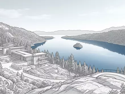 Moderner Architektur-Render zeigt Silhouette von Emerald Bay Lake Tahoe in South Lake Tahoe USA, klare - Foto: THN