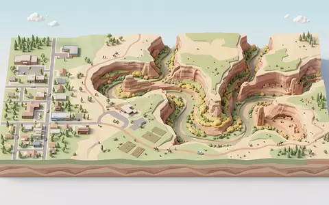 Isometrisches Diorama von Canyon de Chelly und Umgebung in Chinle USA, verspielte Low-Poly-Kulisse in Pastellfarben - Foto: THN