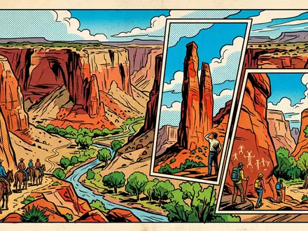 Pop-Art-Comicillustration des Wahrzeichens Canyon de Chelly in Chinle USA, kraeftige Konturen Rasterpunkte und satte Farben - Foto: THN