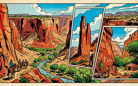 Pop-Art-Comicillustration des Wahrzeichens Canyon de Chelly in Chinle USA, kraeftige Konturen Rasterpunkte und satte Farben - Foto: THN