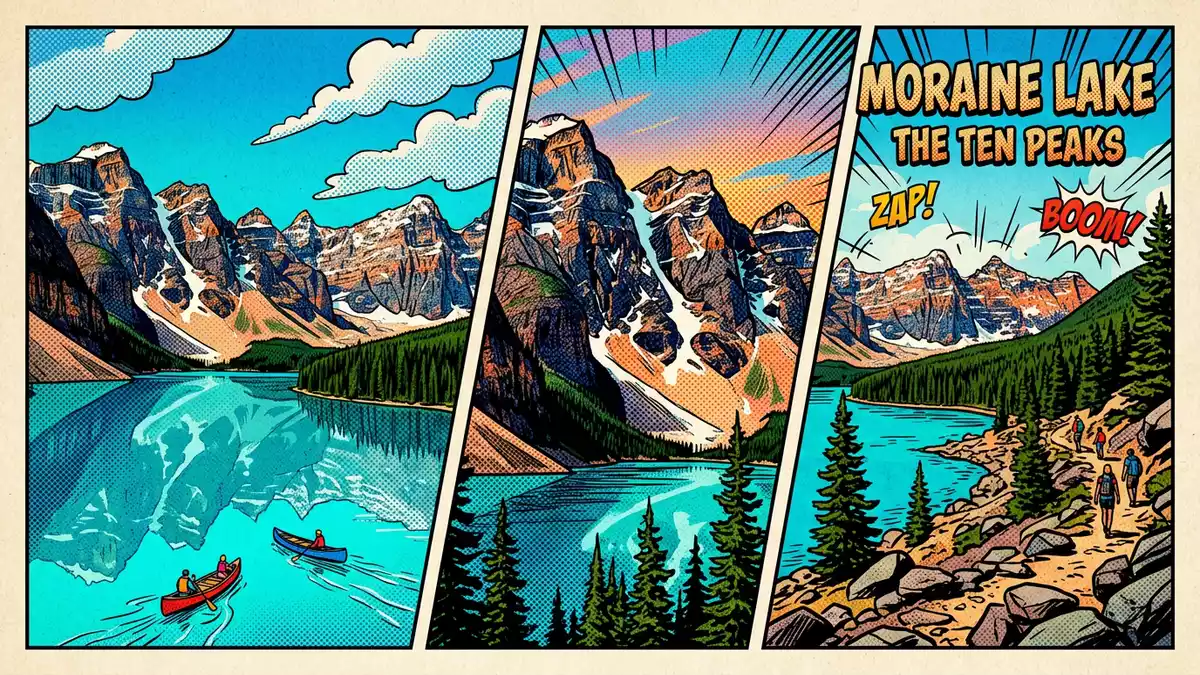 Pop-Art-Comic von Moraine Lake in Lake Louise, Kanada mit Rasterpunkten