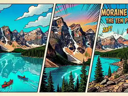 Pop-Art-Comicillustration des Wahrzeichens Moraine Lake in Lake Louise Kanada, kraeftige Konturen Rasterpunkte und satte Farben - Foto: THN