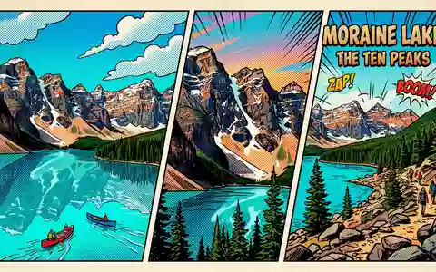 Pop-Art-Comicillustration des Wahrzeichens Moraine Lake in Lake Louise Kanada, kraeftige Konturen Rasterpunkte und satte Farben - Foto: THN