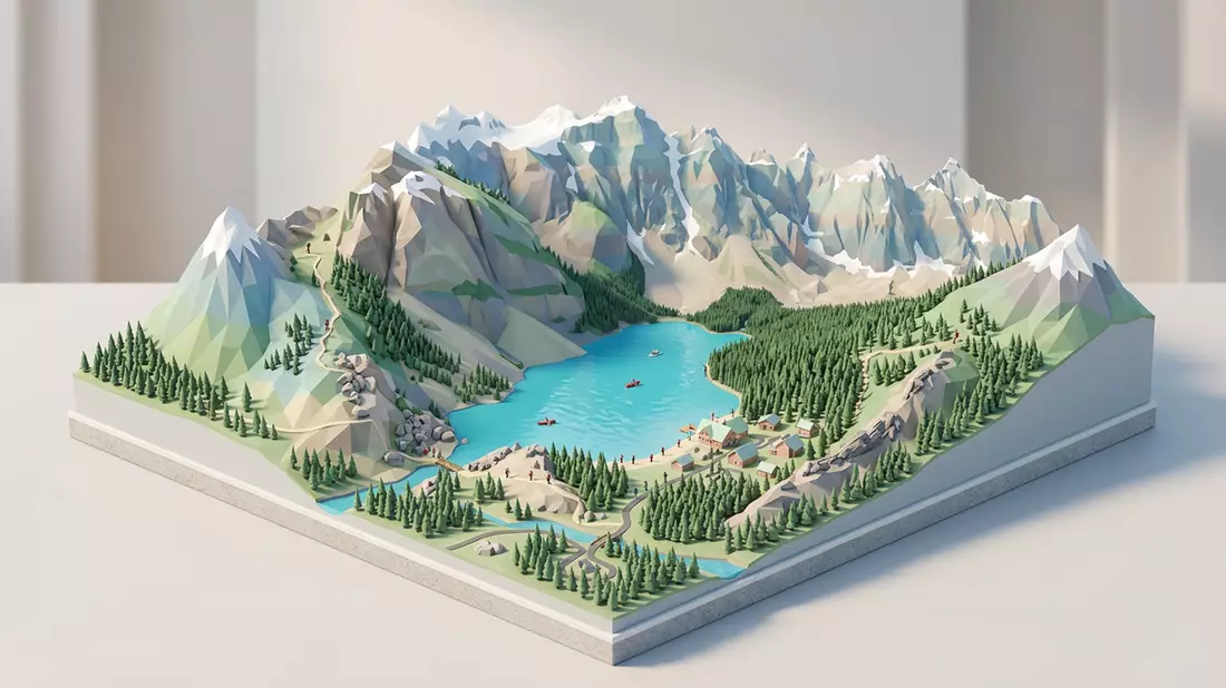 Isometrisches Diorama von Moraine Lake in Lake Louise, Kanada in Pastell