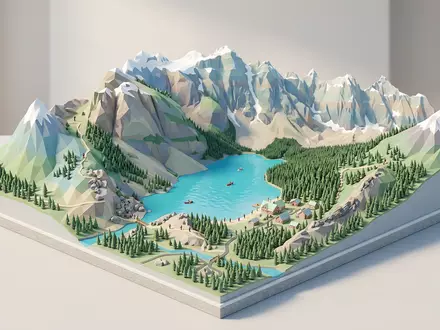 Isometrisches Diorama von Moraine Lake und Umgebung in Lake Louise Kanada, verspielte Low-Poly-Kulisse in Pastellfarben - Foto: THN