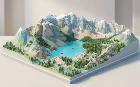 Isometrisches Diorama von Moraine Lake und Umgebung in Lake Louise Kanada, verspielte Low-Poly-Kulisse in Pastellfarben - Foto: THN