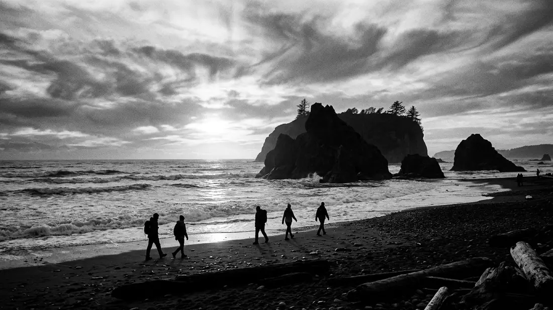 Schwarzweiss-Reportage vom Wahrzeichen Olympic-Nationalpark in Port Angeles, USA