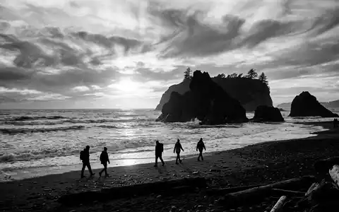 Schwarzweiss-Reportagebild vom Wahrzeichen Olympic-Nationalpark in Port Angeles USA, dokumentarische Reisefotografie mit starken Kontrasten - Foto: THN