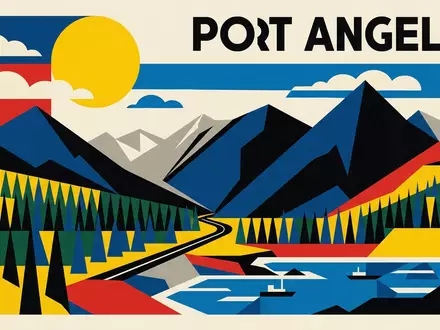 Bauhaus-Poster als geometrische Abstraktion von Olympic-Nationalpark in Port Angeles USA, kraeftige Grundfarben und harte Formkanten - Foto: THN