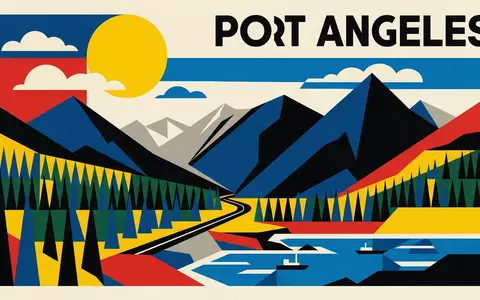 Bauhaus-Poster als geometrische Abstraktion von Olympic-Nationalpark in Port Angeles USA, kraeftige Grundfarben und harte Formkanten - Foto: THN