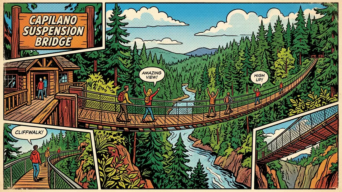 Pop-Art-Comic von Capilano Suspension Bridge in North Vancouver, Kanada mit Rasterpunkten