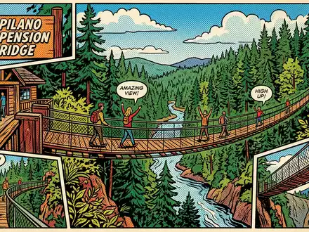 Pop-Art-Comicillustration des Wahrzeichens Capilano Suspension Bridge in North Vancouver Kanada, kraeftige Konturen Rasterpunkte und satte - Foto: THN