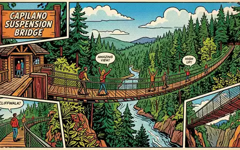 Pop-Art-Comicillustration des Wahrzeichens Capilano Suspension Bridge in North Vancouver Kanada, kraeftige Konturen Rasterpunkte und satte - Foto: THN