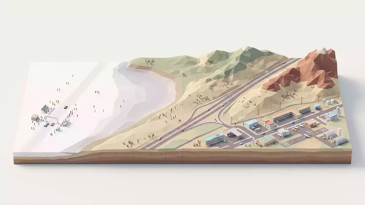 Isometrisches Diorama von Bonneville Salt Flats in Wendover, USA in Pastell