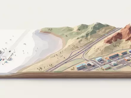 Isometrisches Diorama von Bonneville Salt Flats und Umgebung in Wendover USA, verspielte Low-Poly-Kulisse in Pastellfarben - Foto: THN