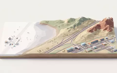Isometrisches Diorama von Bonneville Salt Flats und Umgebung in Wendover USA, verspielte Low-Poly-Kulisse in Pastellfarben - Foto: THN