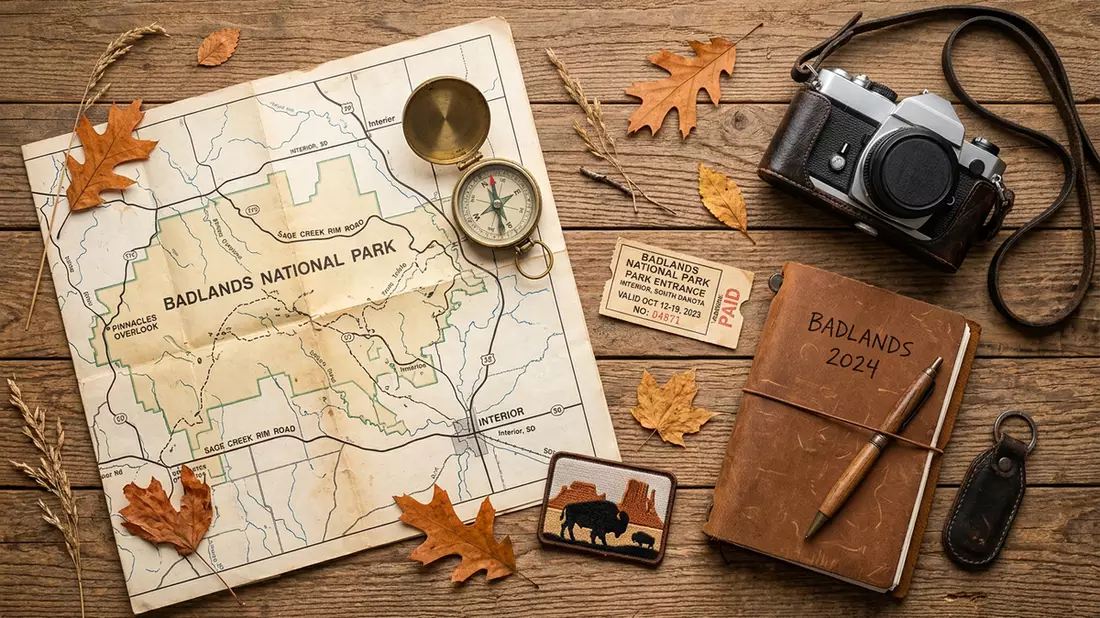 Flatlay-Reise-Arrangement rund um Badlands-Nationalpark in Interior, USA