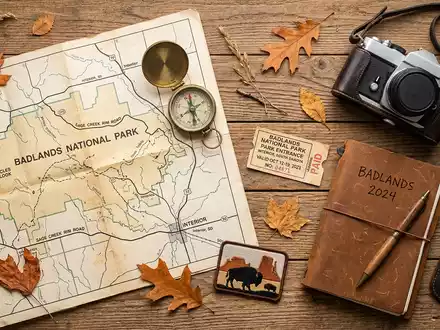 Flatlay-Reise-Arrangement rund um Badlands-Nationalpark in Interior USA, Karte Kompass Kamera und generische Reiserequisiten - Foto: THN