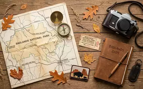 Flatlay-Reise-Arrangement rund um Badlands-Nationalpark in Interior USA, Karte Kompass Kamera und generische Reiserequisiten - Foto: THN