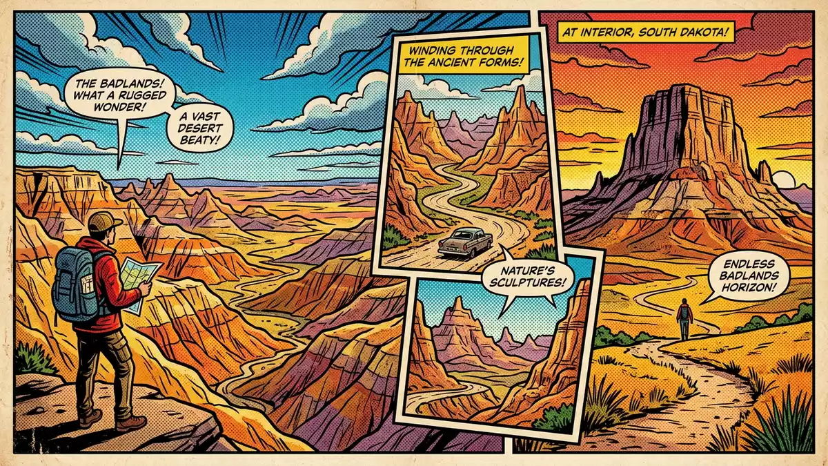 Pop-Art-Comic von Badlands-Nationalpark in Interior, USA mit Rasterpunkten