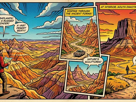 Pop-Art-Comicillustration des Wahrzeichens Badlands-Nationalpark in Interior USA, kraeftige Konturen Rasterpunkte und satte Farben - Foto: THN