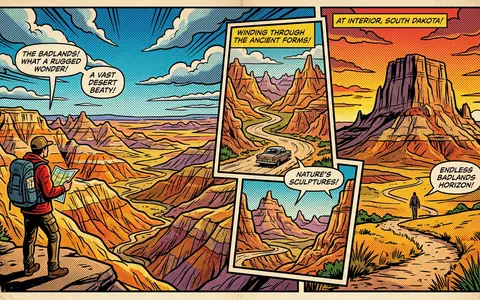 Pop-Art-Comicillustration des Wahrzeichens Badlands-Nationalpark in Interior USA, kraeftige Konturen Rasterpunkte und satte Farben - Foto: THN