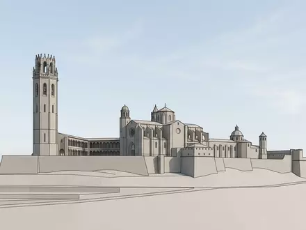Moderner Architektur-Render zeigt Silhouette von La Seu Vella Lleida in Lleida Spanien, klare Linien und - Foto: THN