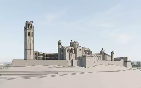 Moderner Architektur-Render zeigt Silhouette von La Seu Vella Lleida in Lleida Spanien, klare Linien und - Foto: THN