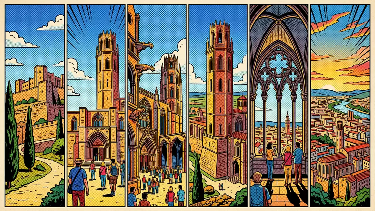 Pop-Art-Comic von La Seu Vella Lleida in Lleida, Spanien mit Rasterpunkten