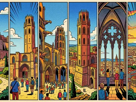 Pop-Art-Comicillustration des Wahrzeichens La Seu Vella Lleida in Lleida Spanien, kraeftige Konturen Rasterpunkte und satte - Foto: THN