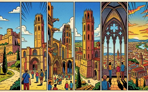 Pop-Art-Comicillustration des Wahrzeichens La Seu Vella Lleida in Lleida Spanien, kraeftige Konturen Rasterpunkte und satte - Foto: THN