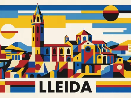 Bauhaus-Poster als geometrische Abstraktion von La Seu Vella Lleida in Lleida Spanien, kraeftige Grundfarben und - Foto: THN