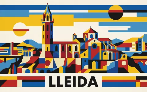 Bauhaus-Poster als geometrische Abstraktion von La Seu Vella Lleida in Lleida Spanien, kraeftige Grundfarben und - Foto: THN